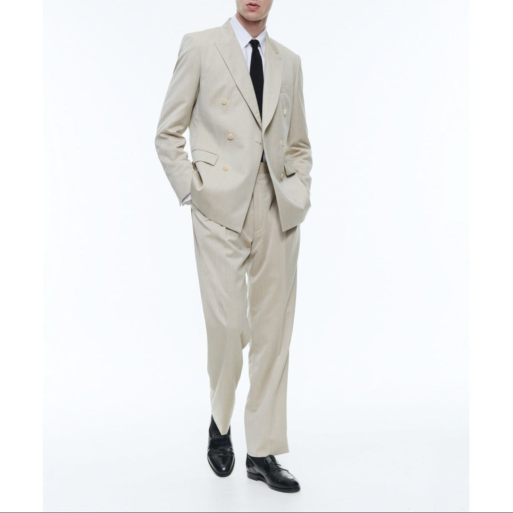 Herringbone Wool Double Breasted Suit - Beige - Herringbone Pattern