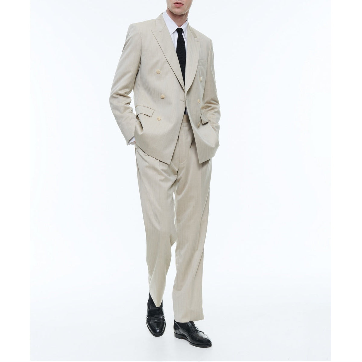 Herringbone Wool Double Breasted Suit - Beige - Herringbone Pattern