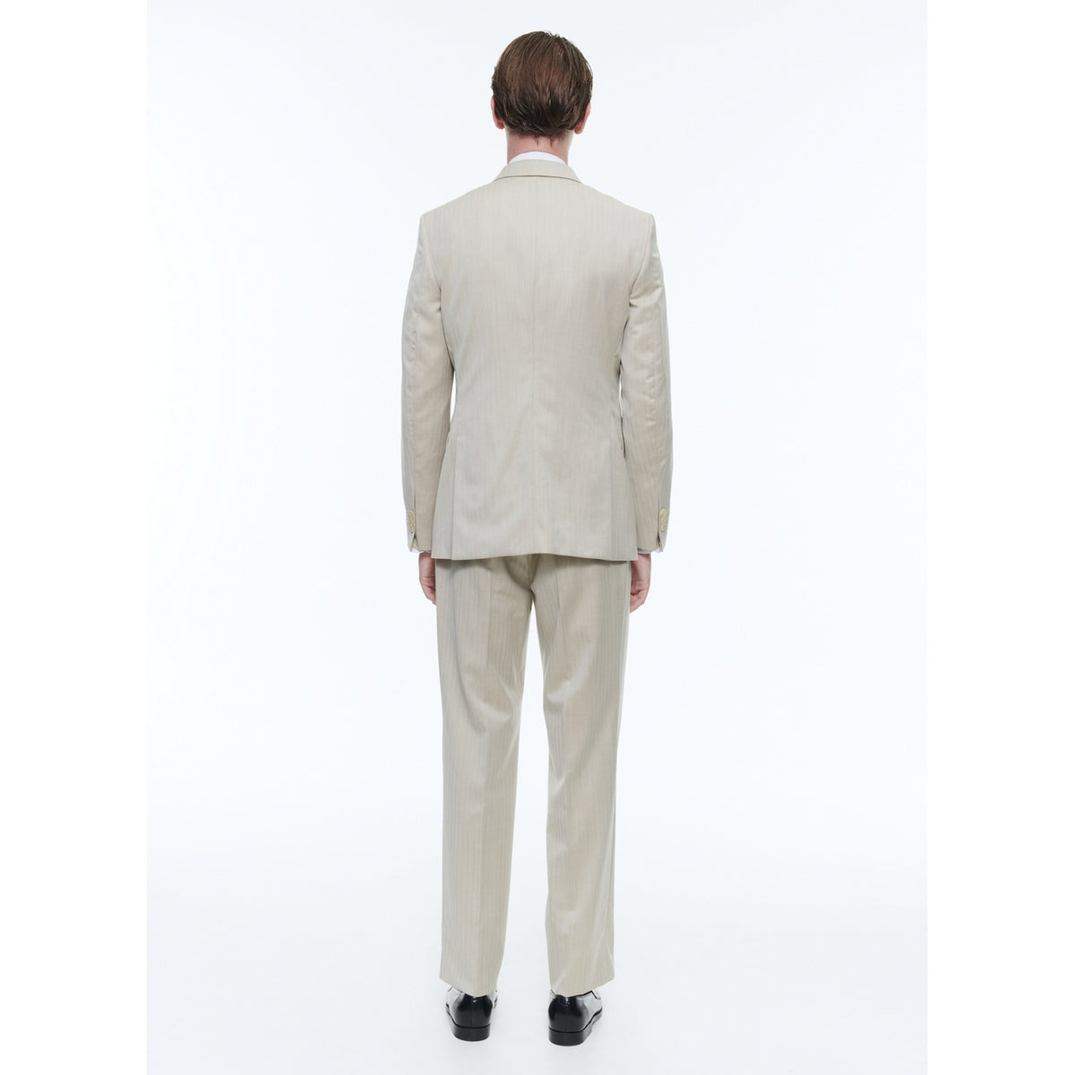 Herringbone Wool Double Breasted Suit - Beige - Herringbone Pattern