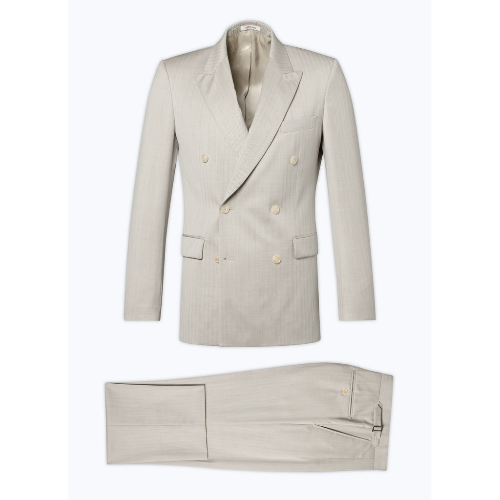 Herringbone Wool Double Breasted Suit - Beige - Herringbone Pattern