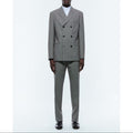 Wool Serge Double Breasted Suit - Gray - Houndstooth Pattern