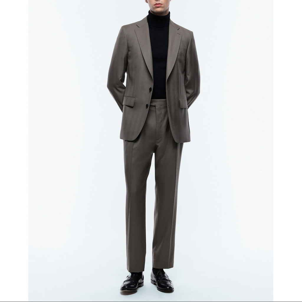 Certified Wool Fitted Suit - Taupe - Herringbone