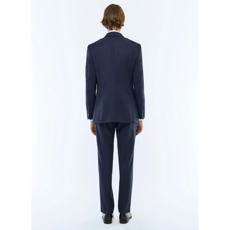 Costume Ajusté En Laine Vierge Faux Uni - Bleu