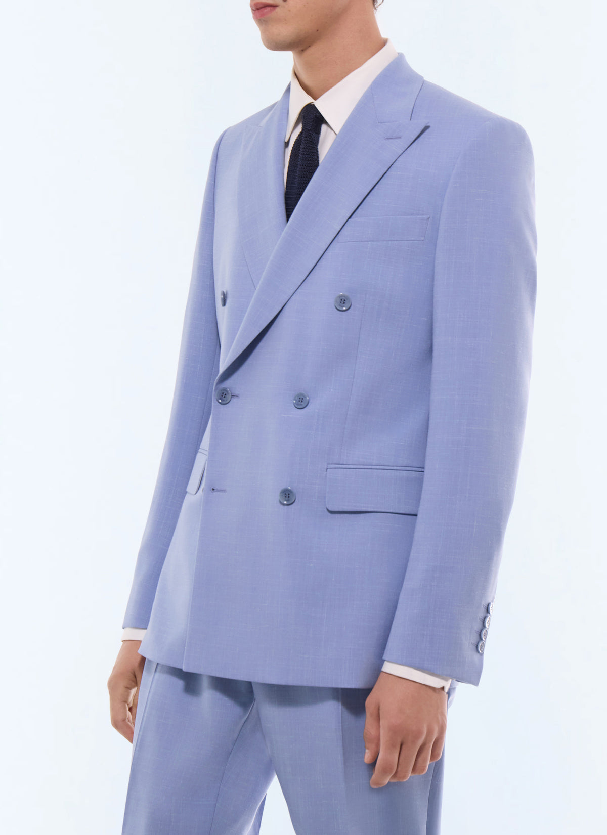 Costume Croisé En Laine Et Lin - Bleu Pastel