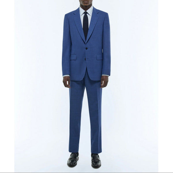 Wool Fabric Fitted Suit - Blue - Denim Effect Semi-Plain