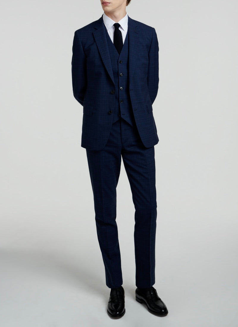 Fursac - Costume En Toile De Laine À Motif Prince De Galles - Bleu Marine - Motif Prince De Galles