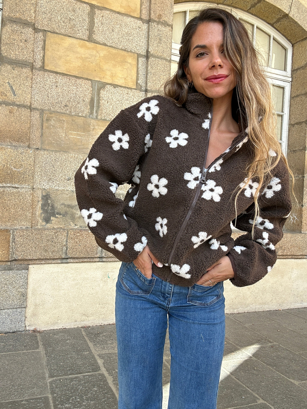 Veste moumoute fleurie chocolat Paula
