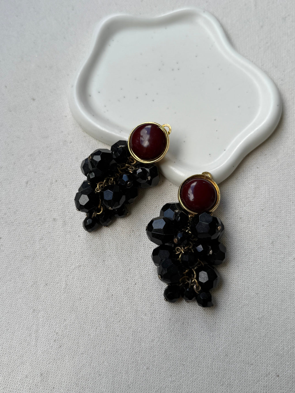 Vintage Georges Rech Earrings - Black Clusters and Burgundy Cabochons
