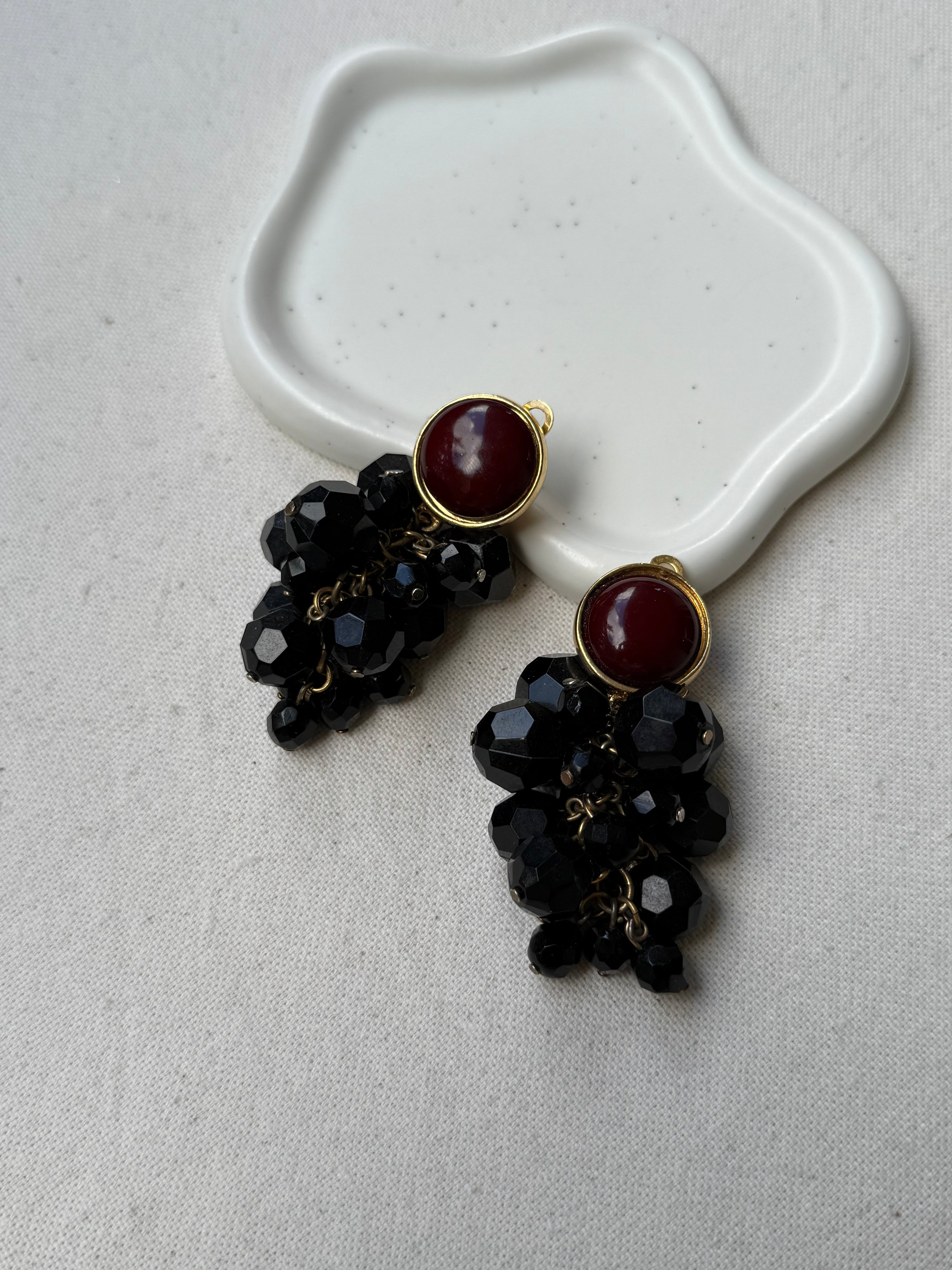 Vintage Georges Rech Earrings - Black Clusters and Burgundy Cabochons