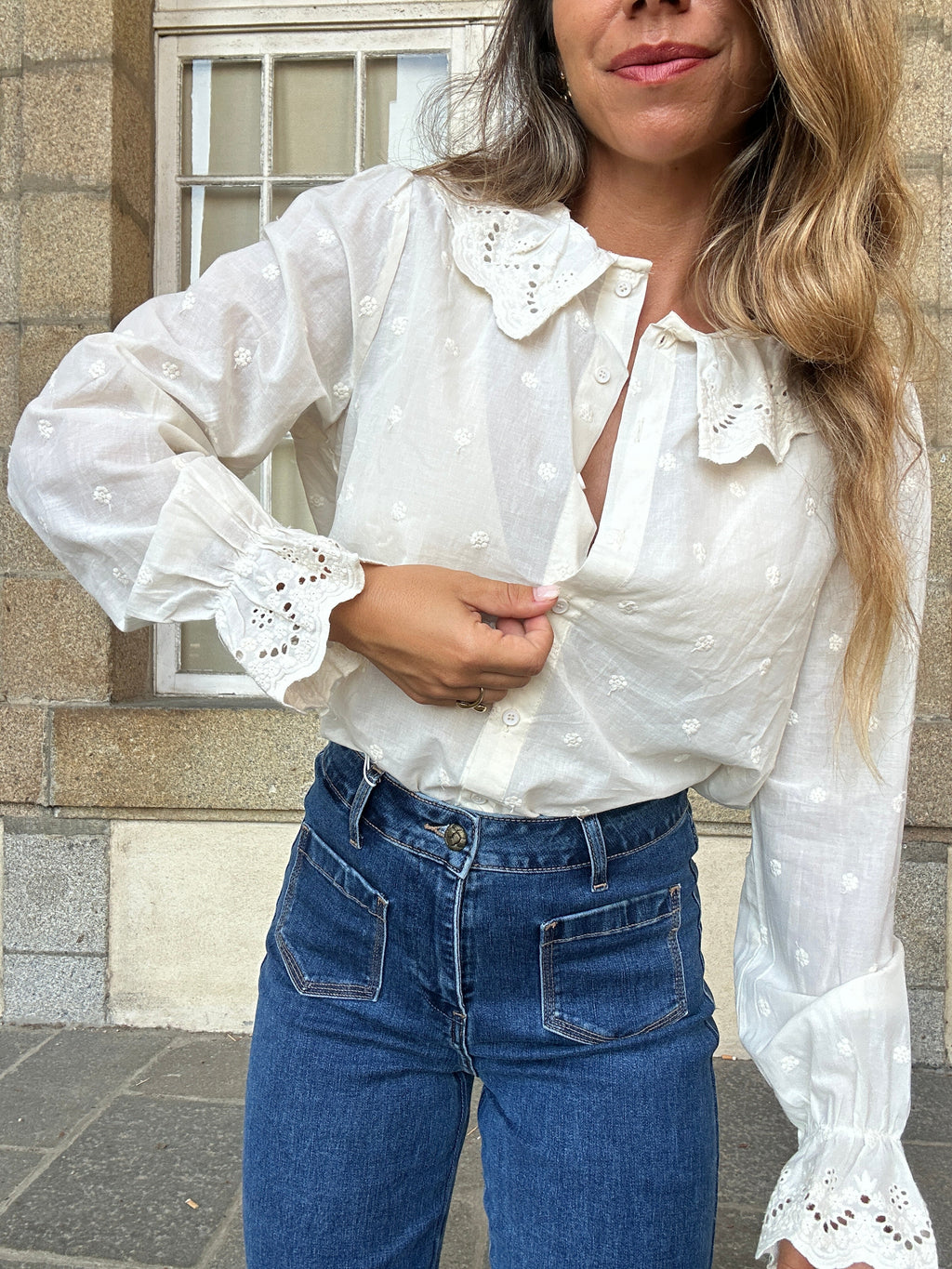 Ambre beige wide-collar blouse