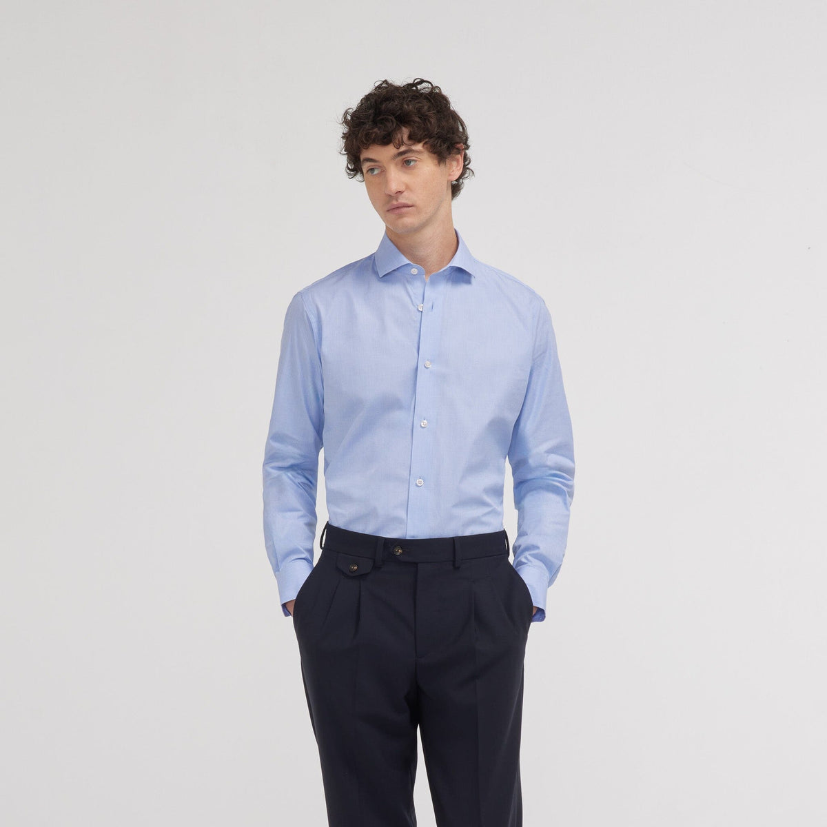 Chemise Cintrée En Fil-À-Fil Double Retors Bleue