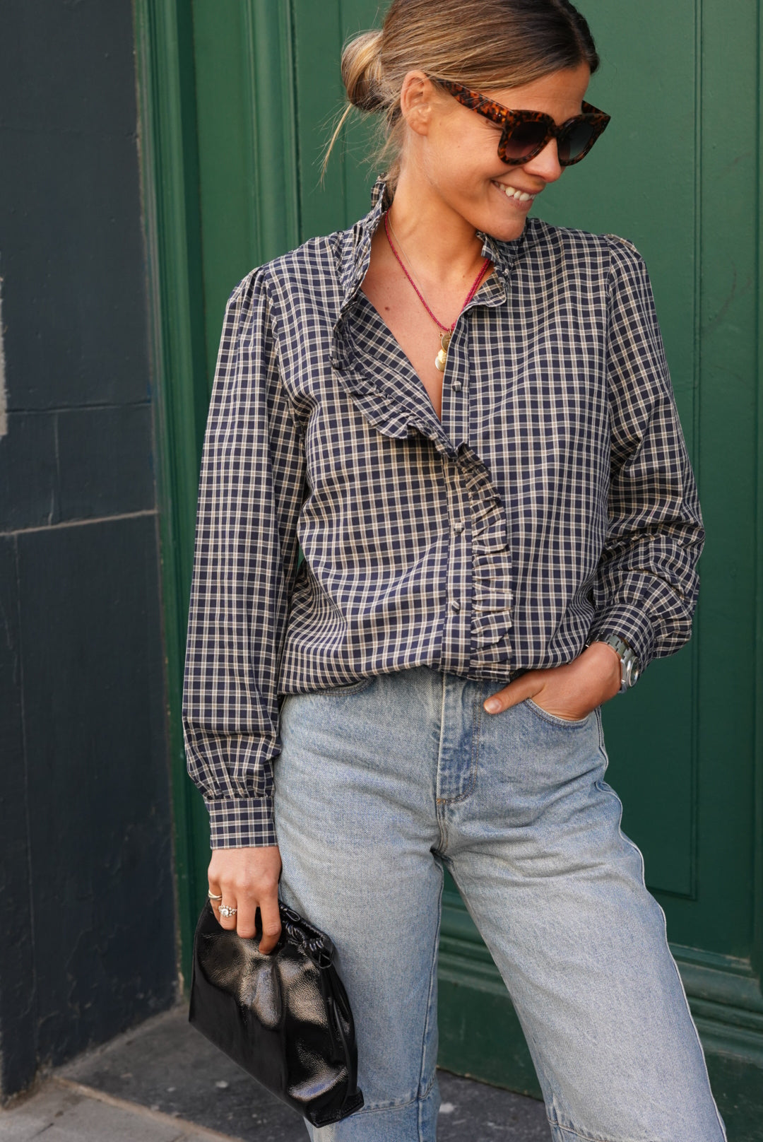 Philippine Check Blouse Navy/Ecru