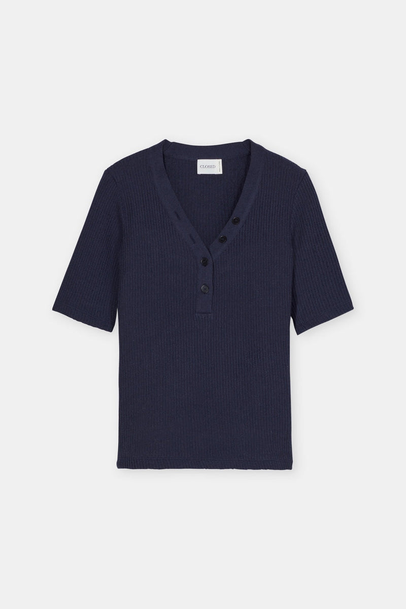 Half Placket V Neck - Dark Night - Femme