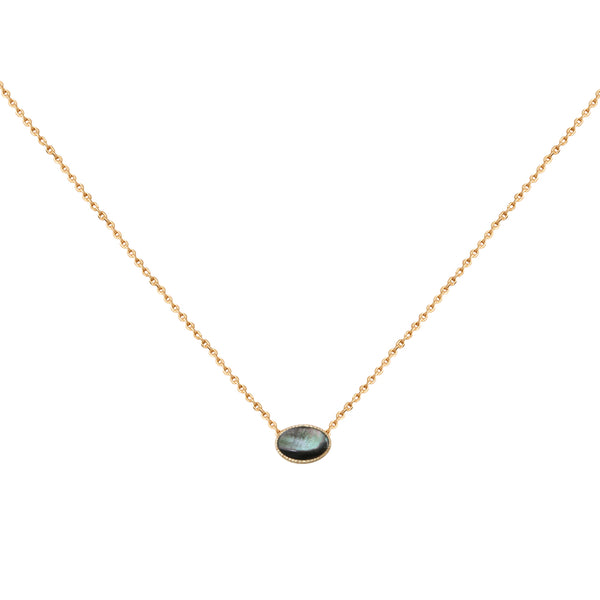 Cab Oval Gold Gray Mother-of-Pearl Necklace