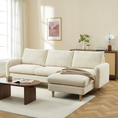 Caliba - Sofá esquinero fijo reversible de 4 plazas - Tela de chenilla beige