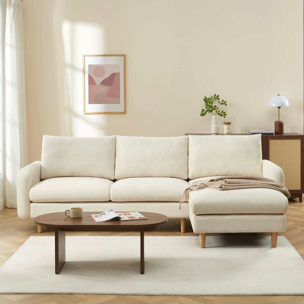 Caliba - Vaste omkeerbare hoekbank 4 zitplaatsen - Chenillestof beige