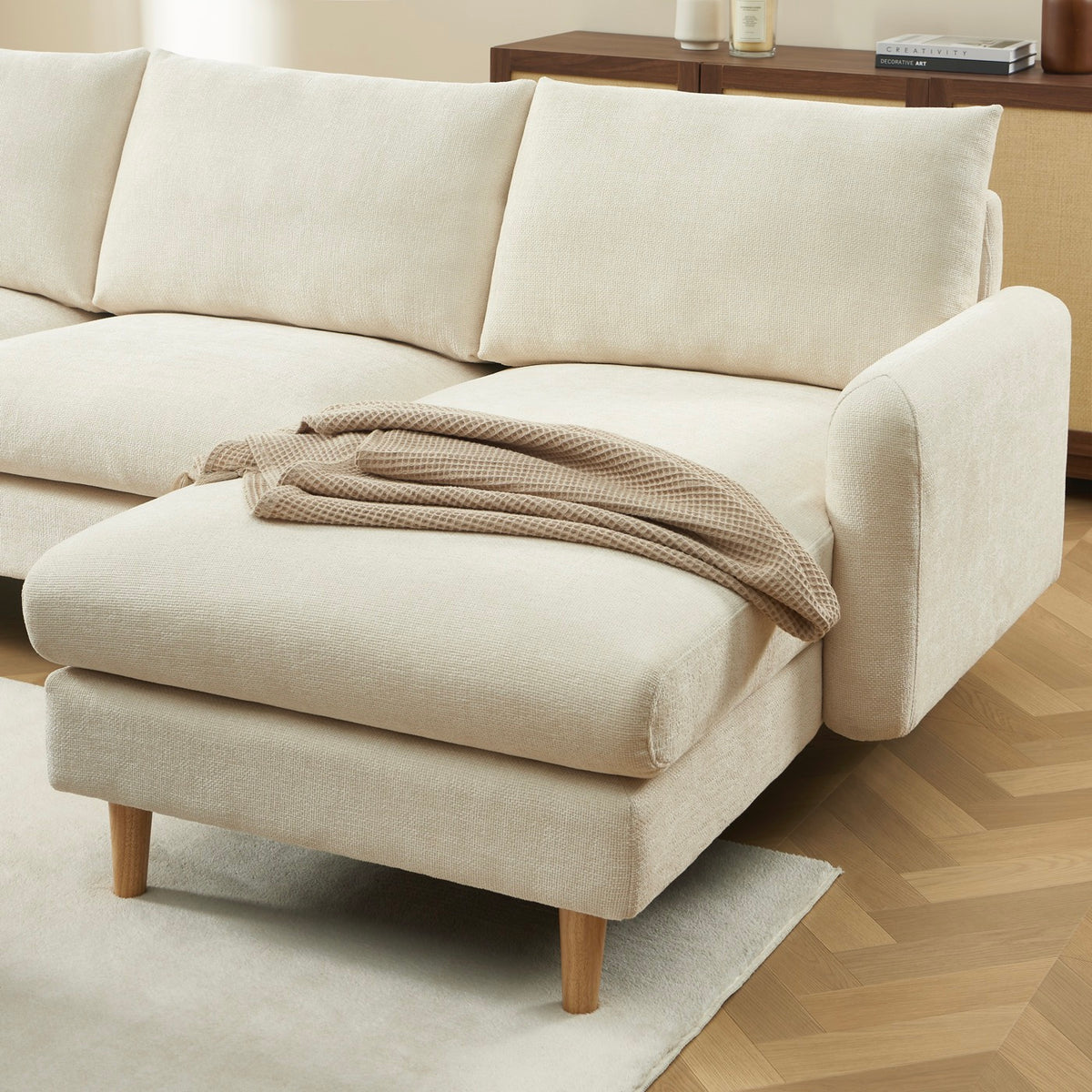 Caliba - Vaste omkeerbare hoekbank 4 zitplaatsen - Chenillestof beige