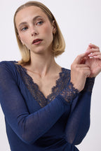 T Shirt V Neck Lace Capri - Bleu Marine - Femme