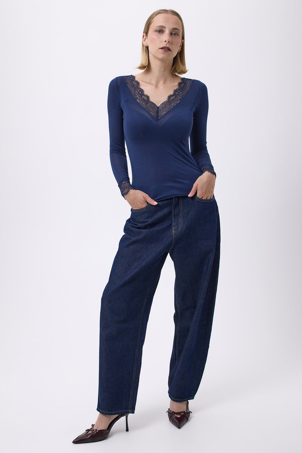 T Shirt V Neck Lace Capri - Bleu Marine - Femme