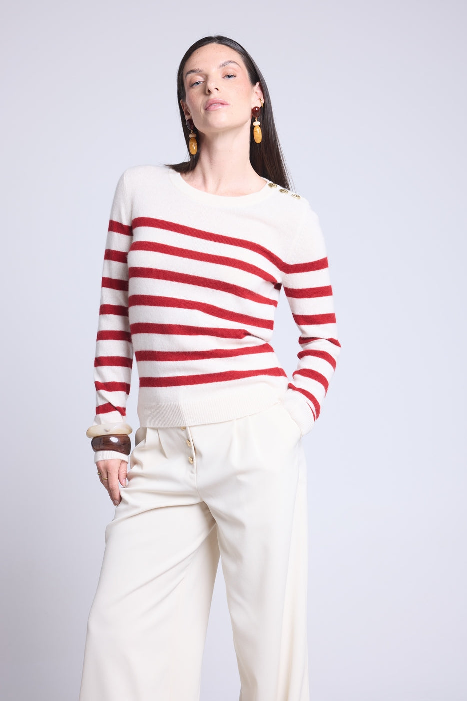 Sweter w paski marynarskie Carole - Biało-czerwony - Damski - 100% Kaszmir