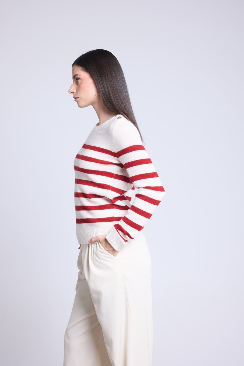 Sweter w paski marynarskie Carole - Biało-czerwony - Damski - 100% Kaszmir