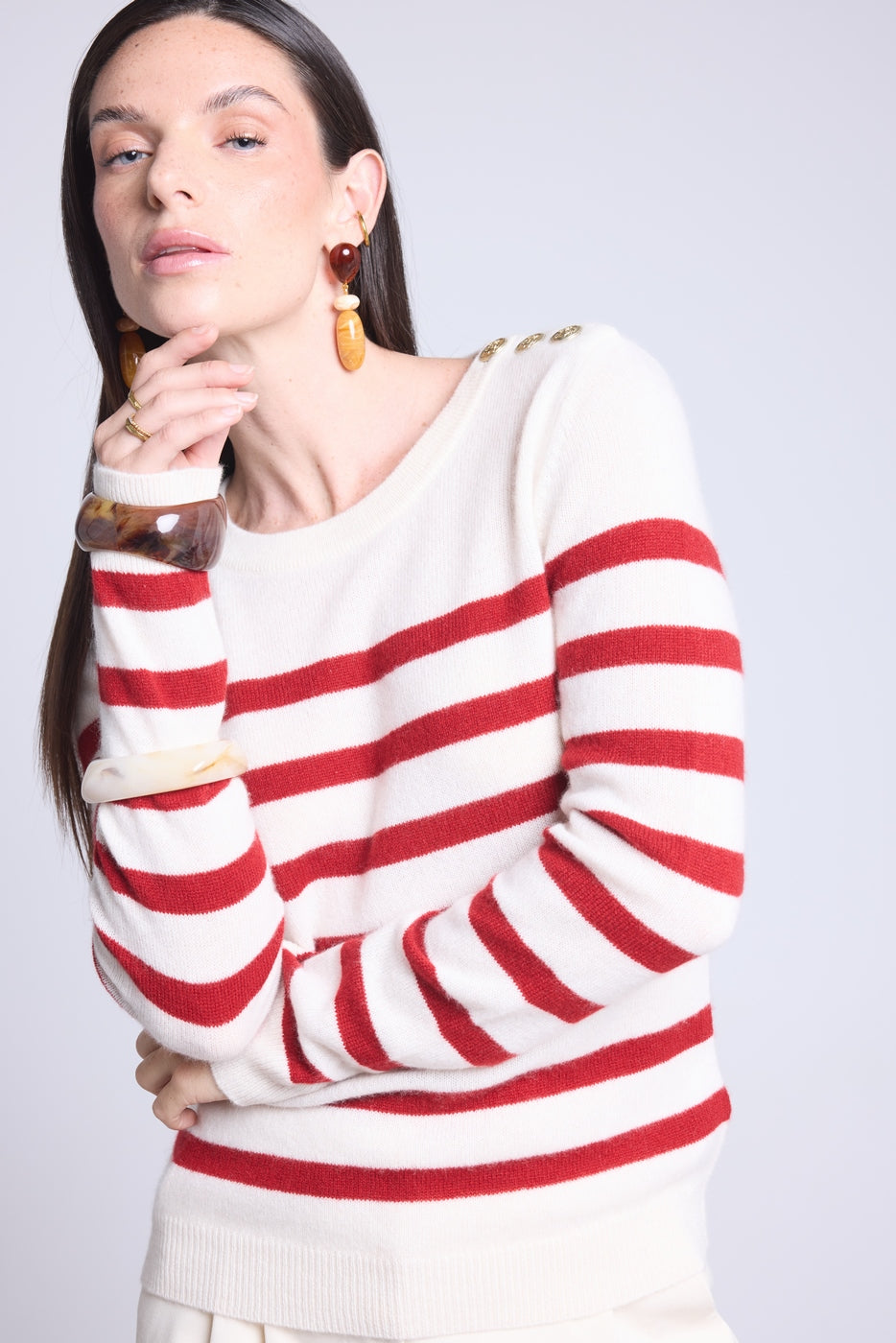 Sweter w paski marynarskie Carole - Biało-czerwony - Damski - 100% Kaszmir