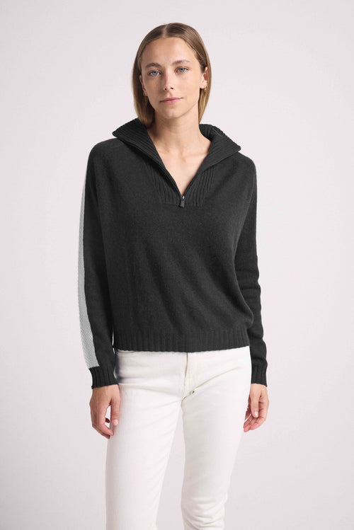 Pull Col Camioneur Zip Bandes Manches Points Caroline - Noir Et Blanc - 100% Cachemire Oeko-Tex - Femme