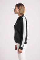 Pull Col Camioneur Zip Bandes Manches Points Caroline - Noir Et Blanc - 100% Cachemire Oeko-Tex - Femme