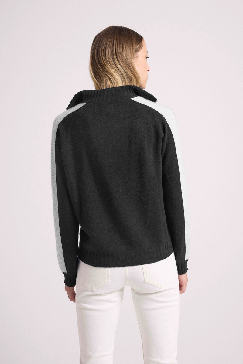 Pull Col Camioneur Zip Bandes Manches Points Caroline - Noir Et Blanc - 100% Cachemire Oeko-Tex - Femme