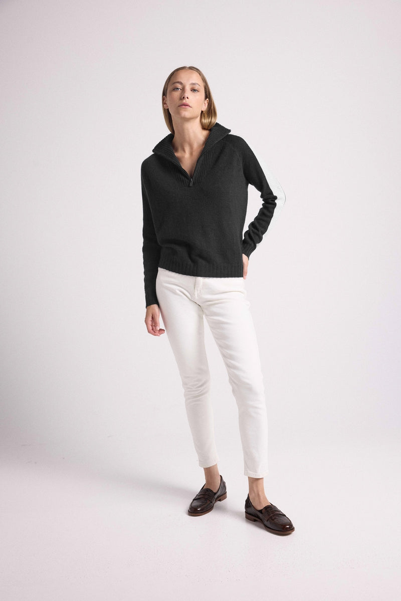 Pull Col Camioneur Zip Bandes Manches Points Caroline - Noir Et Blanc - 100% Cachemire Oeko-Tex - Femme