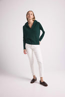 Pull Col Camioneur Zip Bandes Manches Points Caroline - Vert Sapin Et Blanc - 100% Cachemire Oeko-Tex - Femme