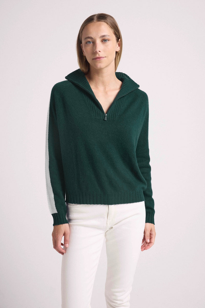 Pull Col Camioneur Zip Bandes Manches Points Caroline - Vert Sapin Et Blanc - 100% Cachemire Oeko-Tex - Femme