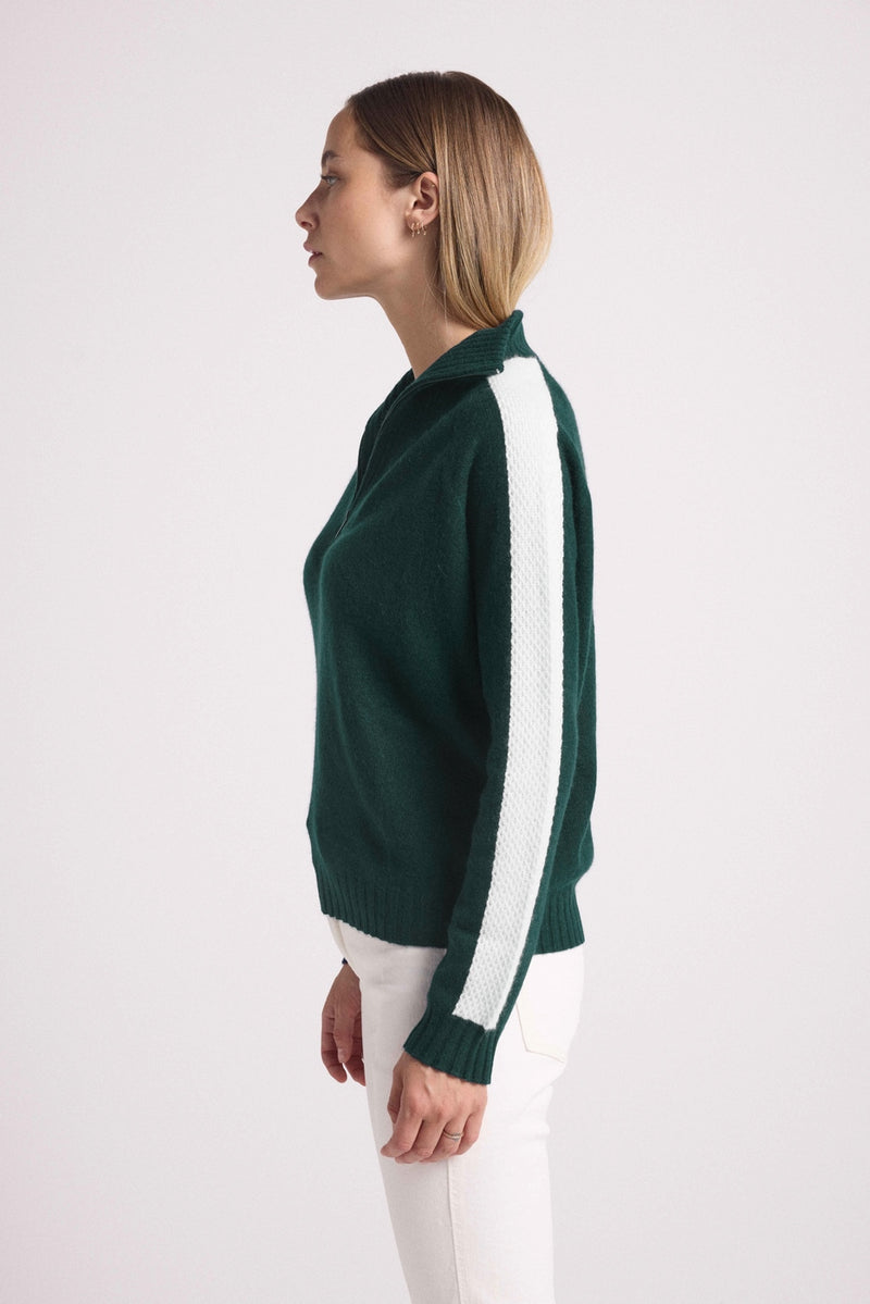 Pull Col Camioneur Zip Bandes Manches Points Caroline - Vert Sapin Et Blanc - 100% Cachemire Oeko-Tex - Femme