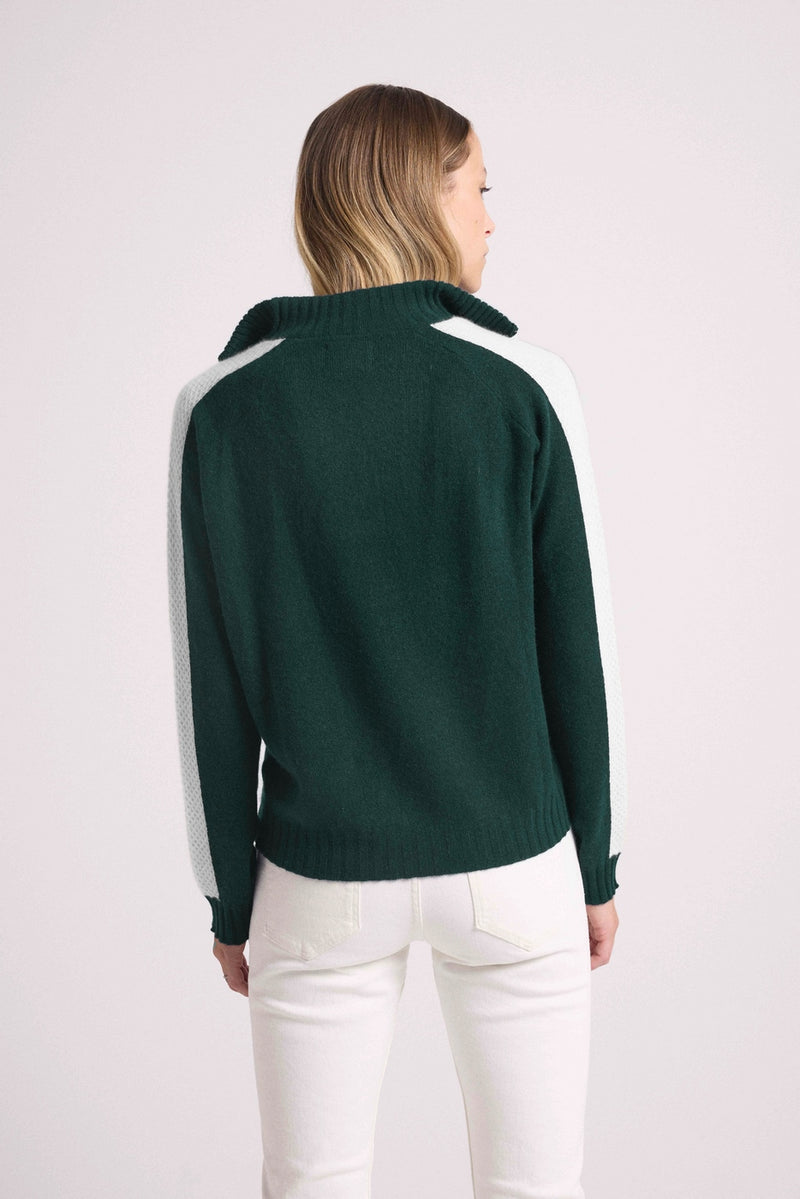 Pull Col Camioneur Zip Bandes Manches Points Caroline - Vert Sapin Et Blanc - 100% Cachemire Oeko-Tex - Femme