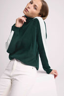 Pull Col Camioneur Zip Bandes Manches Points Caroline - Vert Sapin Et Blanc - 100% Cachemire Oeko-Tex - Femme