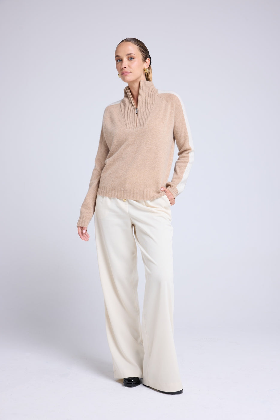 Maglione con collo camionista e zip Caroline - Beige crema bianco - Donna