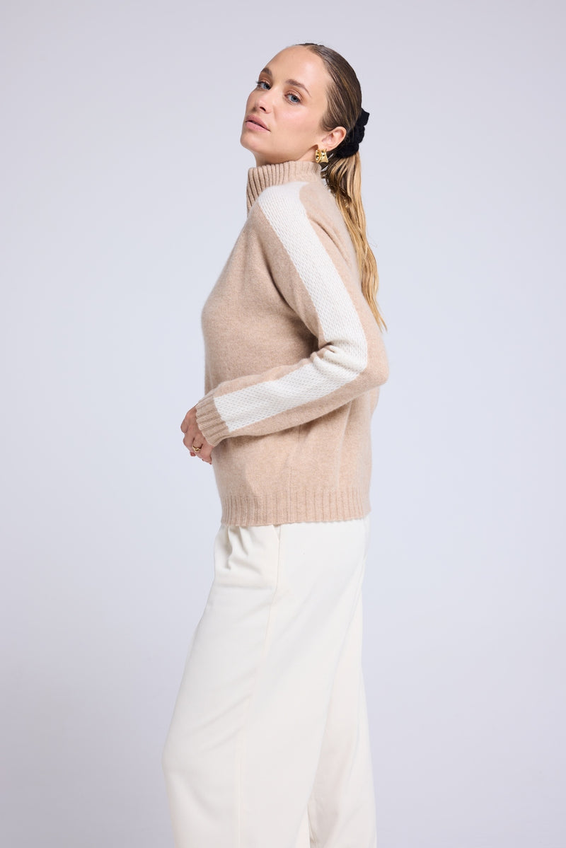 Pull Col Camioneur Zip Caroline - Beige Crème Blanc