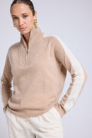 Pull Col Camioneur Zip Caroline - Beige Crème Blanc