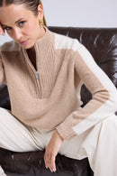 Pull Col Camioneur Zip Caroline - Beige Crème Blanc