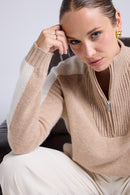 Pull Col Camioneur Zip Caroline - Beige Crème Blanc