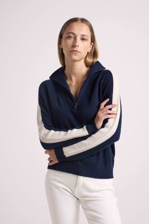Pull Col Camioneur Zip Caroline - Bleu Marine Blanc