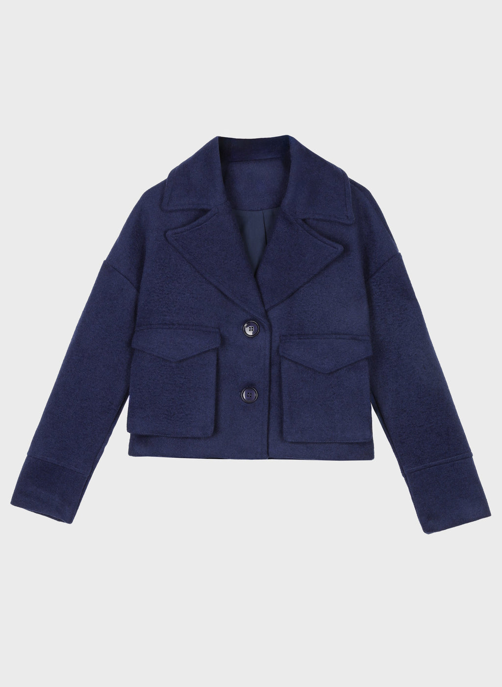 An'ge – Chaqueta Cassandra Bleu, chaqueta corta de lana cocida azul marino, vista de frente
