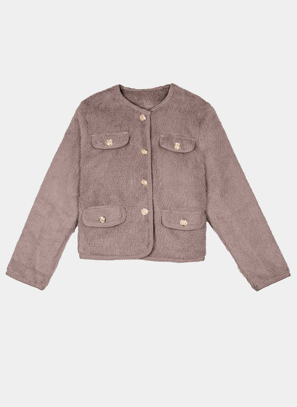 An'ge – Giacca Cathie Taupe, giacca in ecopelliccia marrone chiaro con bottoni dorati