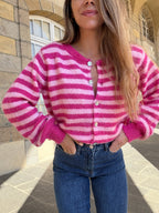 Cardigan Solela Rayé Rose Et Rouge