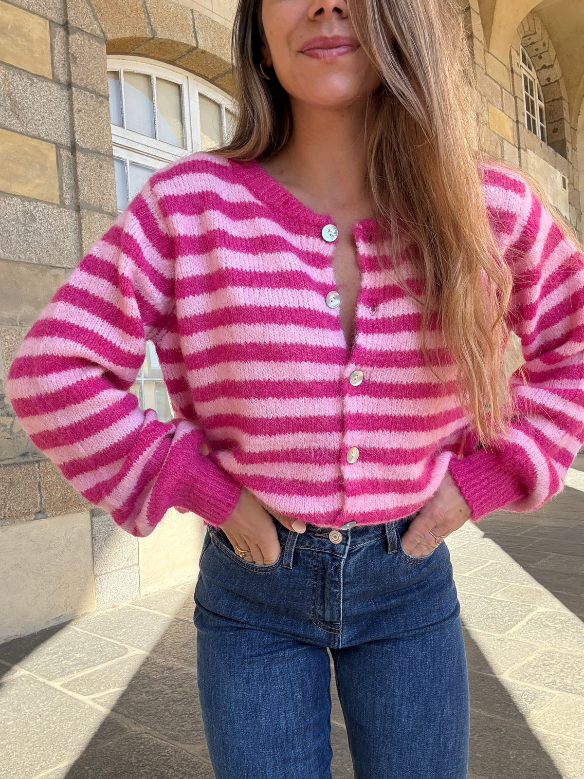 Cardigan Solela rayé rose