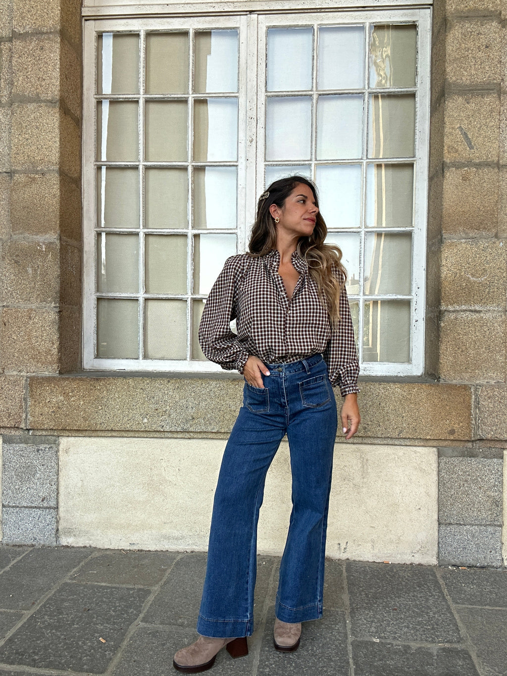 Blouse à carreaux Sybille marron