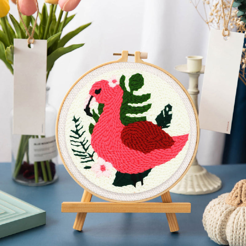 Punch Needle Flamant Rose Et Feuillage
