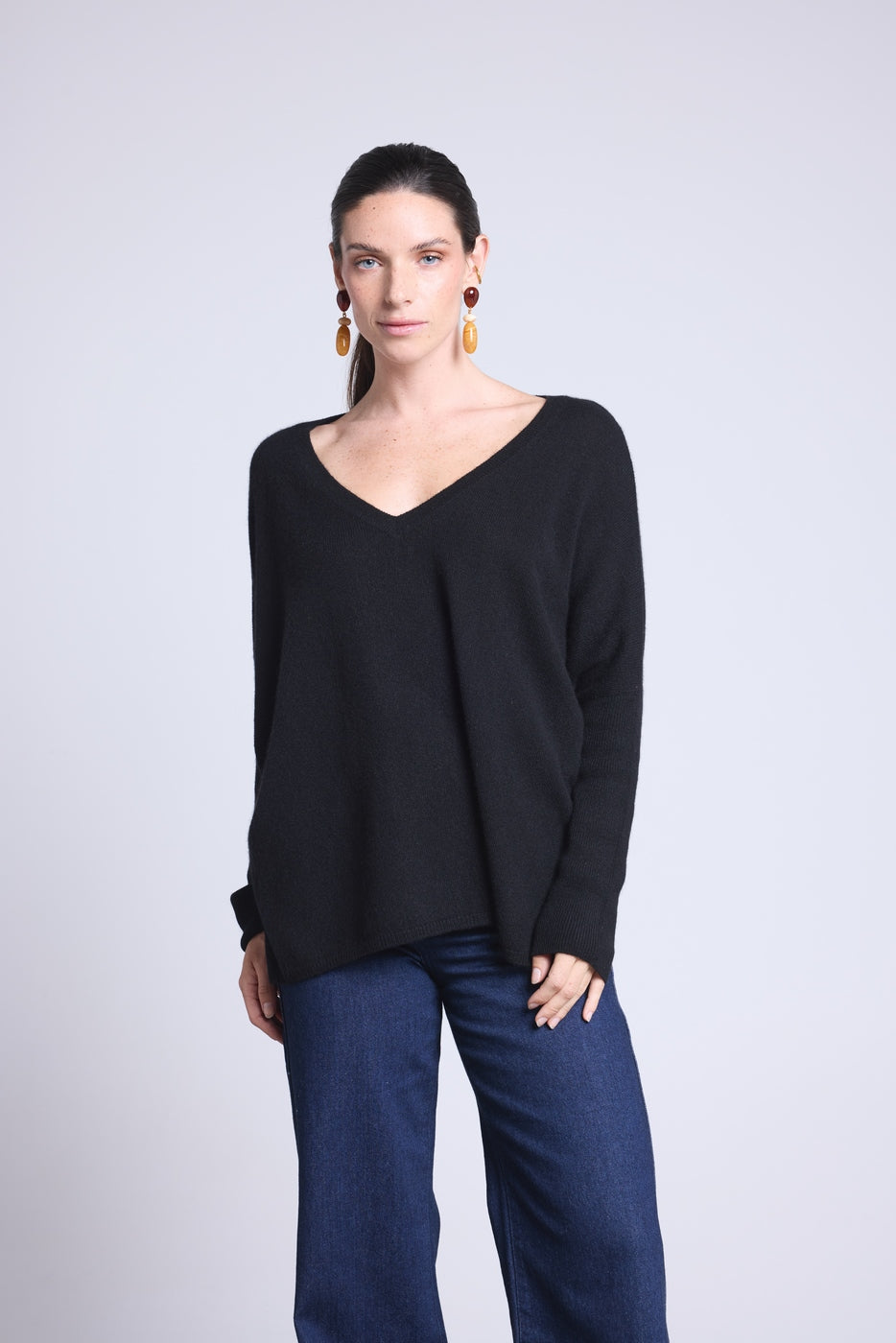 V-Neck Poncho Jumper Celeste - Black - Women