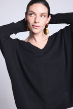 Jersey poncho Celeste de cuello en V - Negro - Mujer - 100% cachemira