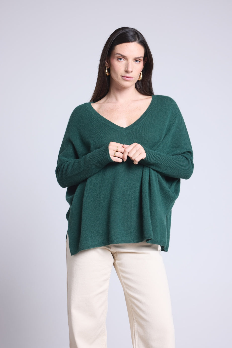 V-Neck Poncho Jumper Celeste - Bottle Green - Women